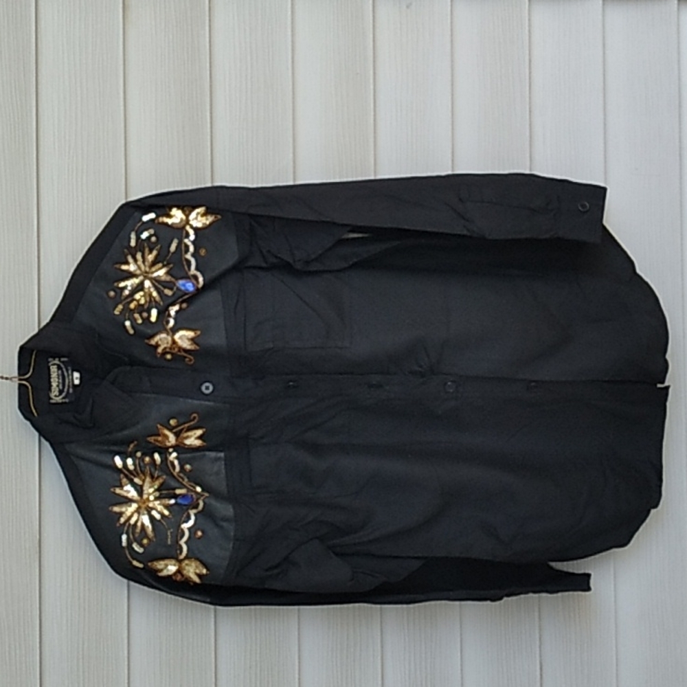 Vintage 80s Black Shirt with Sequins and Blue Stones, 100% Rayon,